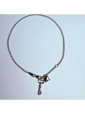 14K Solid White Gold Key & Heart Rolo Link Chain Anklet $925 Jared